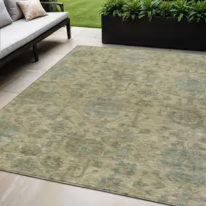 Photo of Beige And Blue Damask Washable Indoor Outdoor Area Rug
