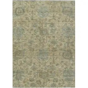 Photo of Beige And Blue Damask Washable Indoor Outdoor Area Rug