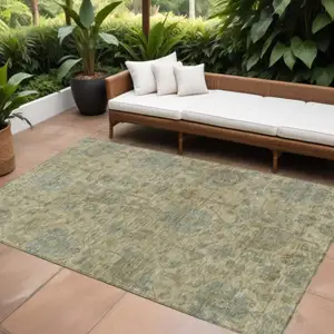 Photo of Beige And Blue Damask Washable Indoor Outdoor Area Rug
