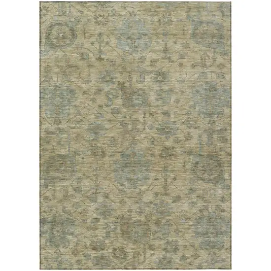 Beige And Blue Damask Washable Indoor Outdoor Area Rug Photo 2