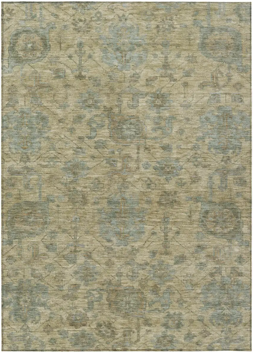 Beige And Blue Damask Washable Indoor Outdoor Area Rug Photo 2