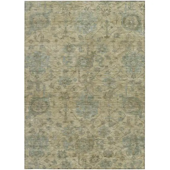Beige And Blue Damask Washable Indoor Outdoor Area Rug Photo 6