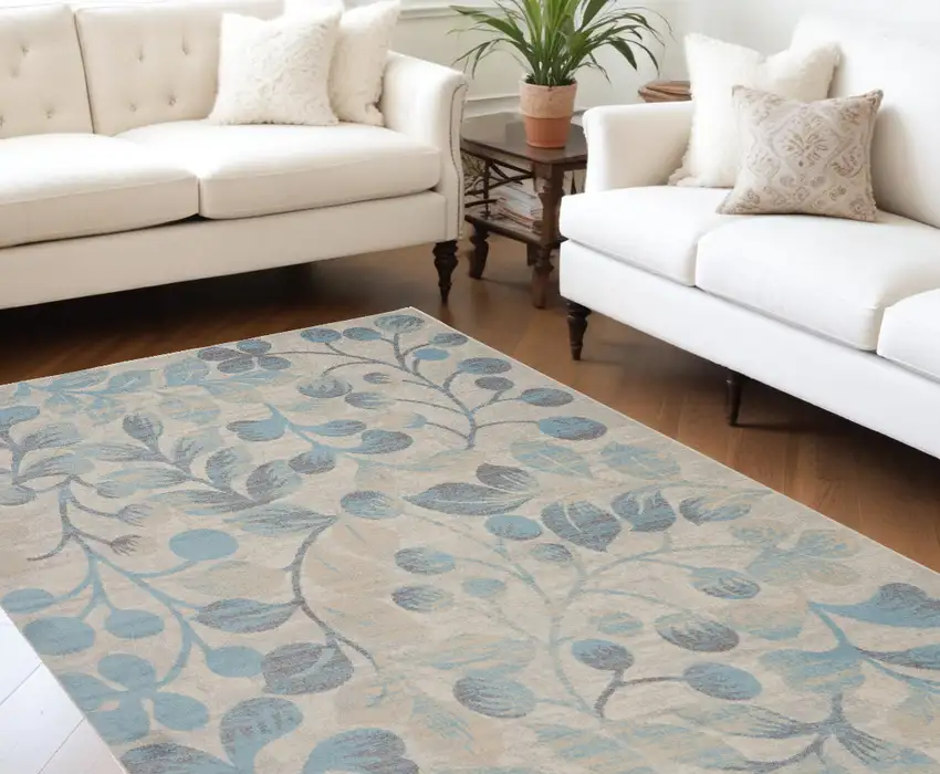 Beige And Blue Floral Area Rug Photo 1