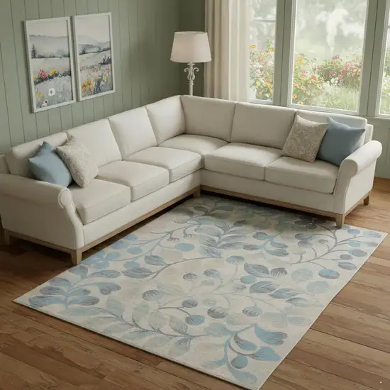 Beige And Blue Floral Area Rug Photo 1