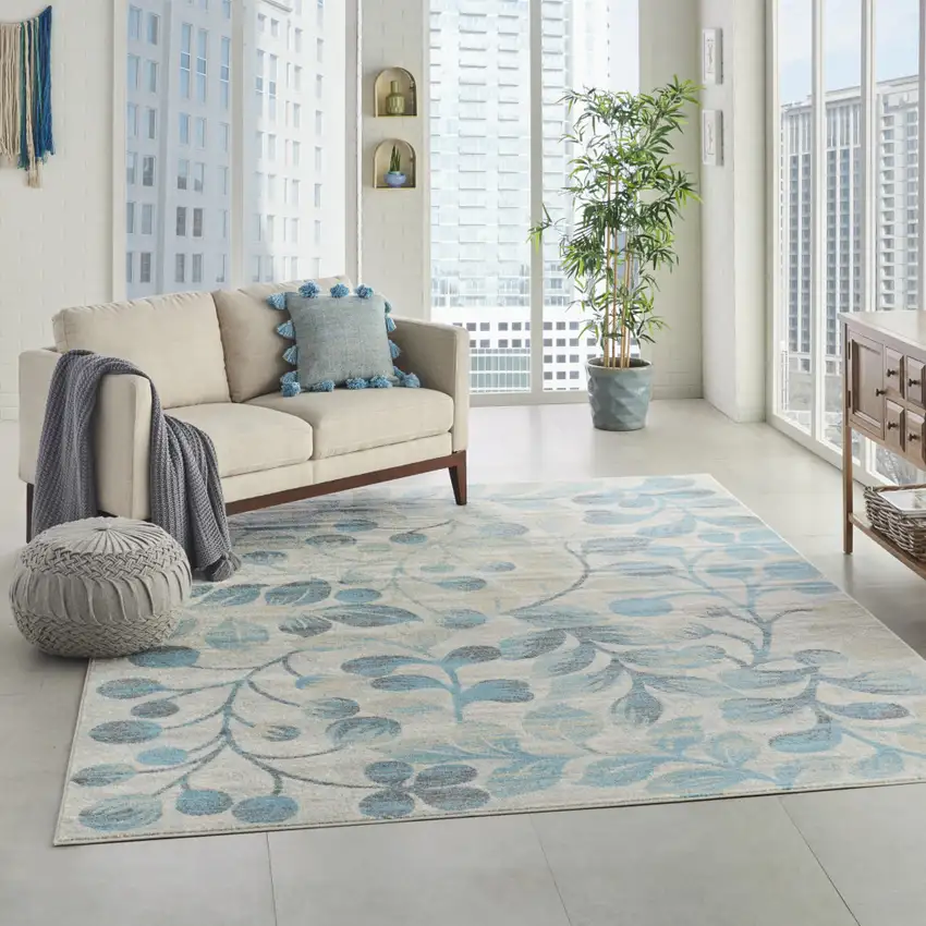 Beige And Blue Floral Area Rug Photo 7