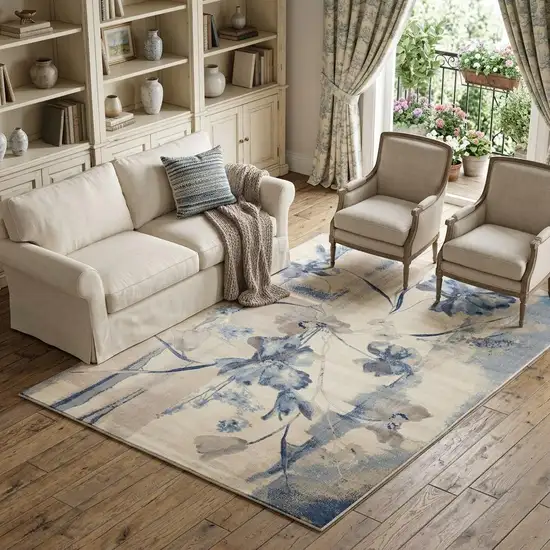 Beige And Blue Floral Area Rug Photo 1