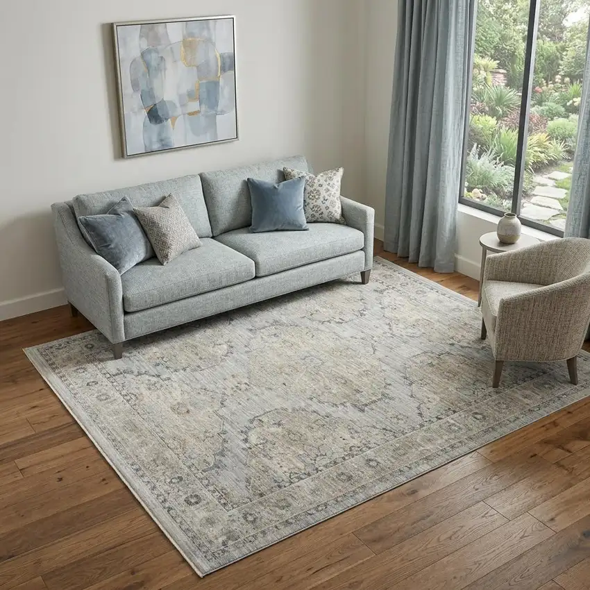 Beige And Blue Floral Medallion Distressed Area Rug With Fringe Photo 1