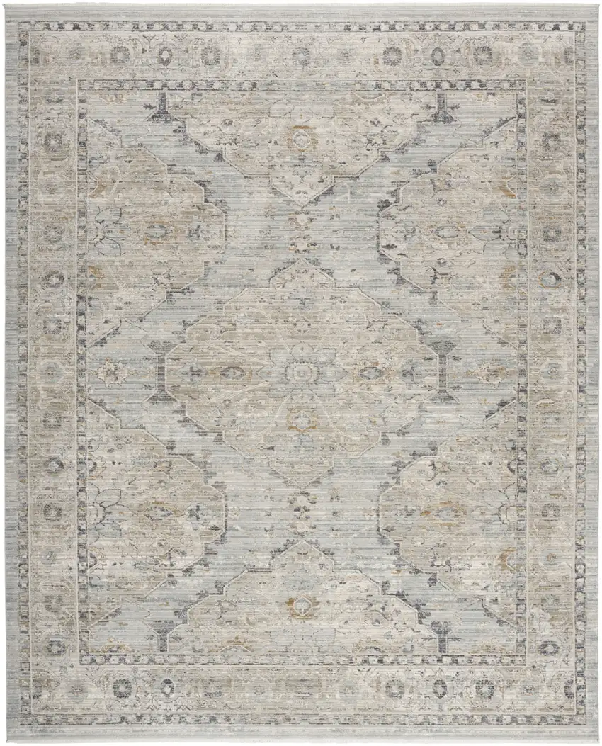 Beige And Blue Floral Medallion Distressed Area Rug With Fringe Photo 6