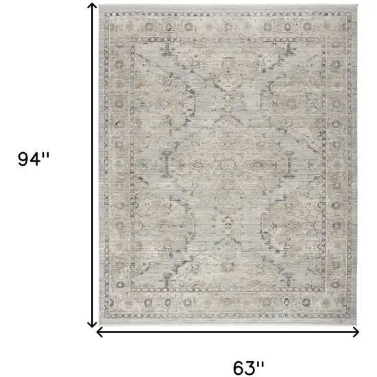 Beige And Blue Floral Medallion Distressed Area Rug With Fringe Photo 3