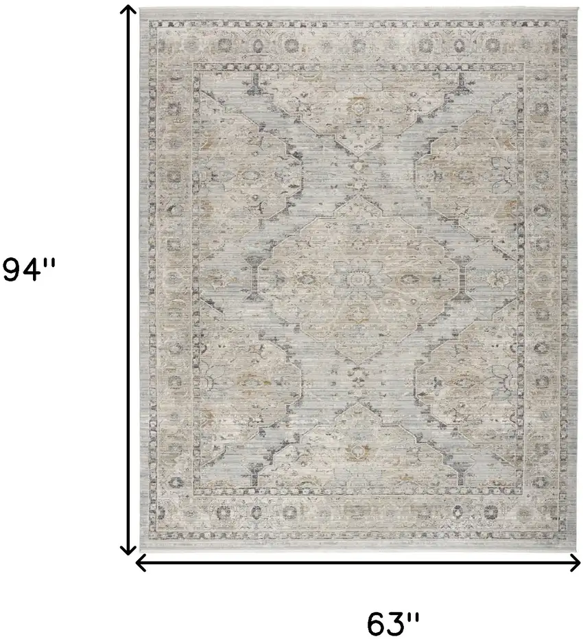 Beige And Blue Floral Medallion Distressed Area Rug With Fringe Photo 3