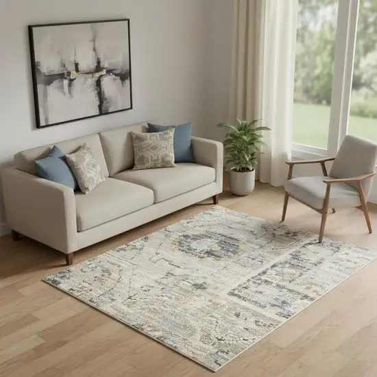 Beige And Blue Floral Medallion Distressed Area Rug With Fringe Photo 1