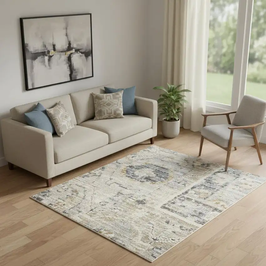 Beige And Blue Floral Medallion Distressed Area Rug With Fringe Photo 1