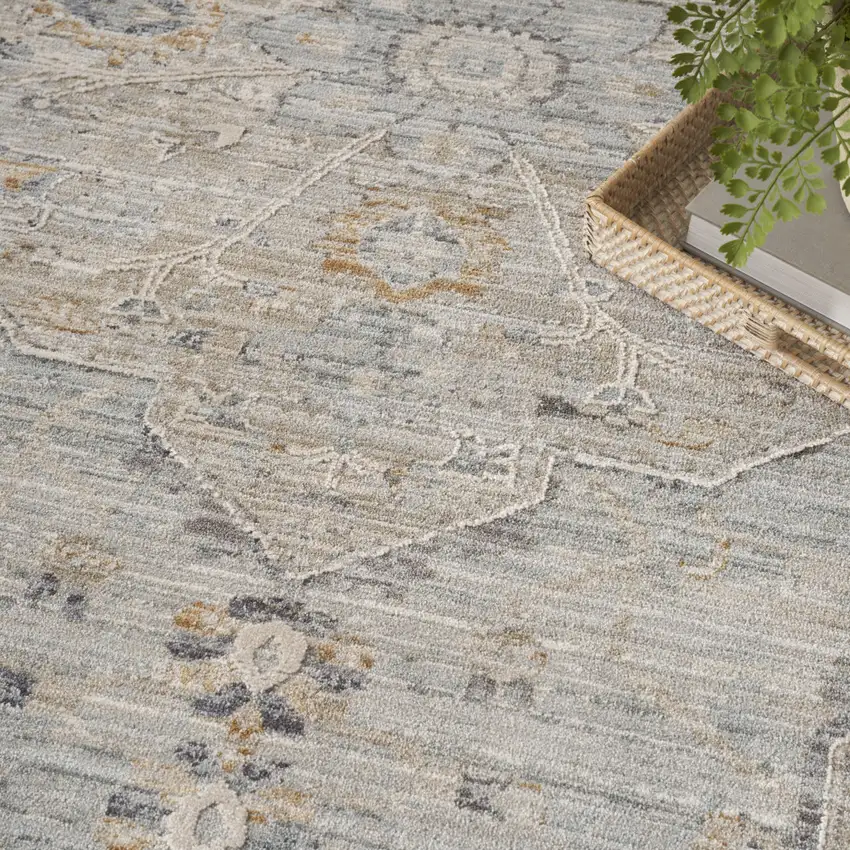 Beige And Blue Floral Medallion Distressed Area Rug With Fringe Photo 9