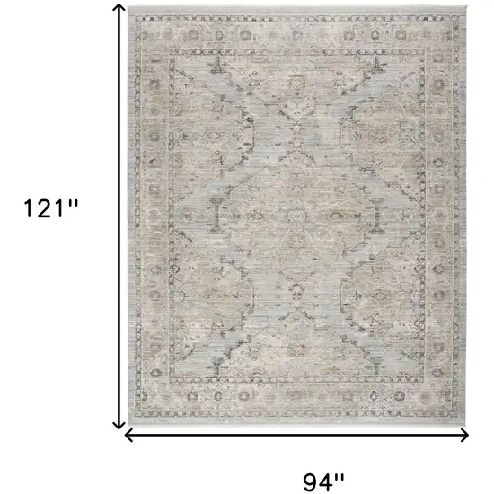 Beige And Blue Floral Medallion Distressed Area Rug With Fringe Photo 3