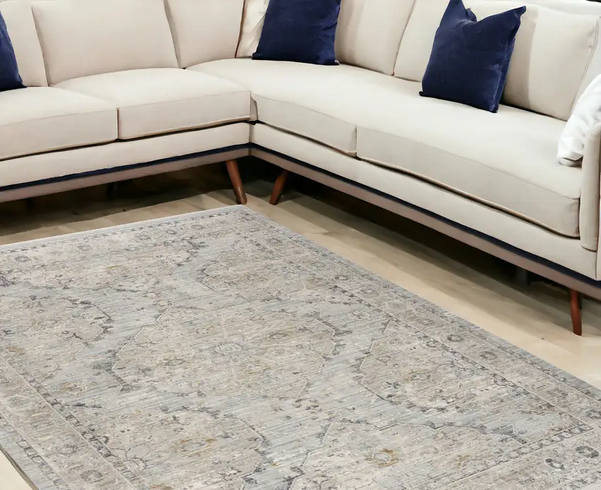 Beige And Blue Floral Medallion Distressed Area Rug With Fringe Photo 1