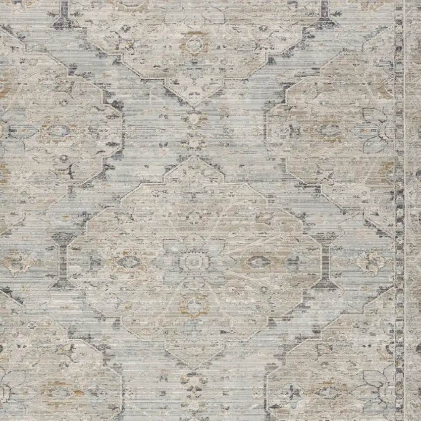 Beige And Blue Floral Medallion Distressed Area Rug With Fringe Photo 6