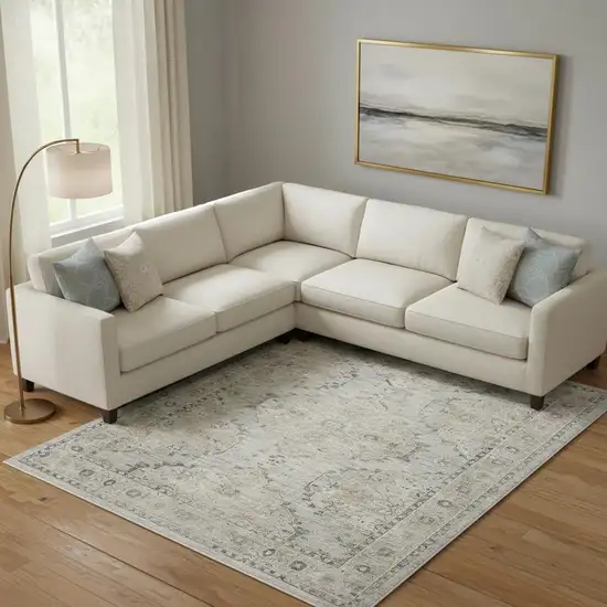 Beige And Blue Floral Medallion Distressed Area Rug With Fringe Photo 1