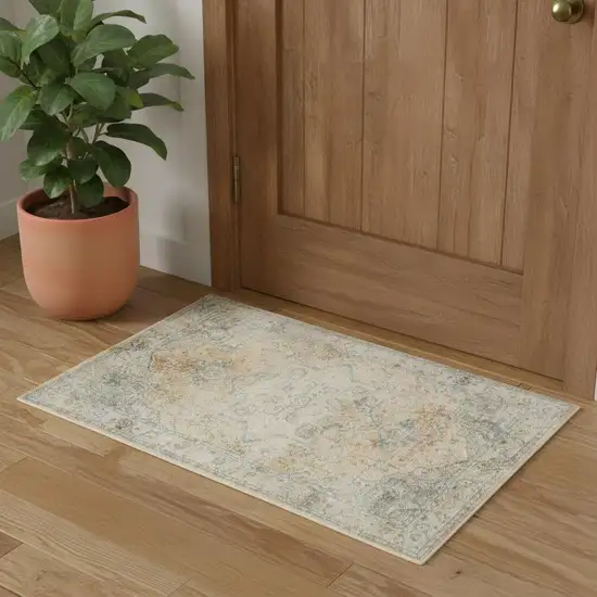 Beige And Blue Floral Medallion Washable Area Rug Photo 1