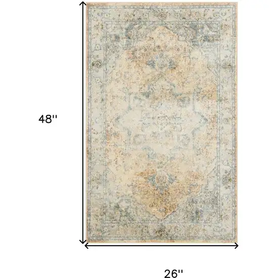 Beige And Blue Floral Medallion Washable Area Rug Photo 3