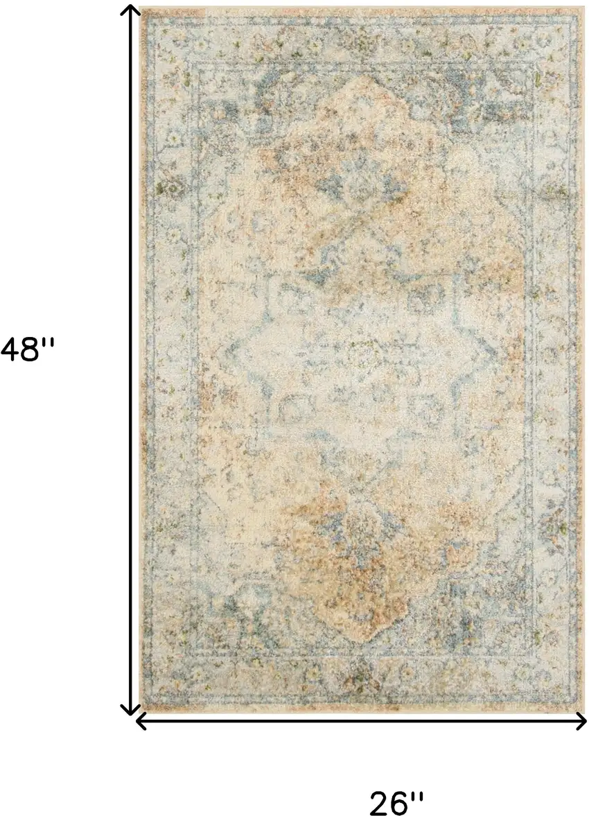 Beige And Blue Floral Medallion Washable Area Rug Photo 3