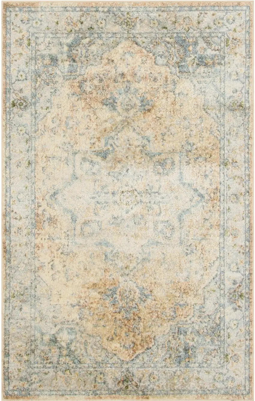 Beige And Blue Floral Medallion Washable Area Rug Photo 7