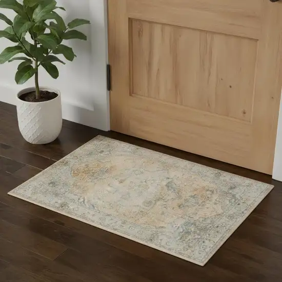 Beige And Blue Floral Medallion Washable Area Rug Photo 1