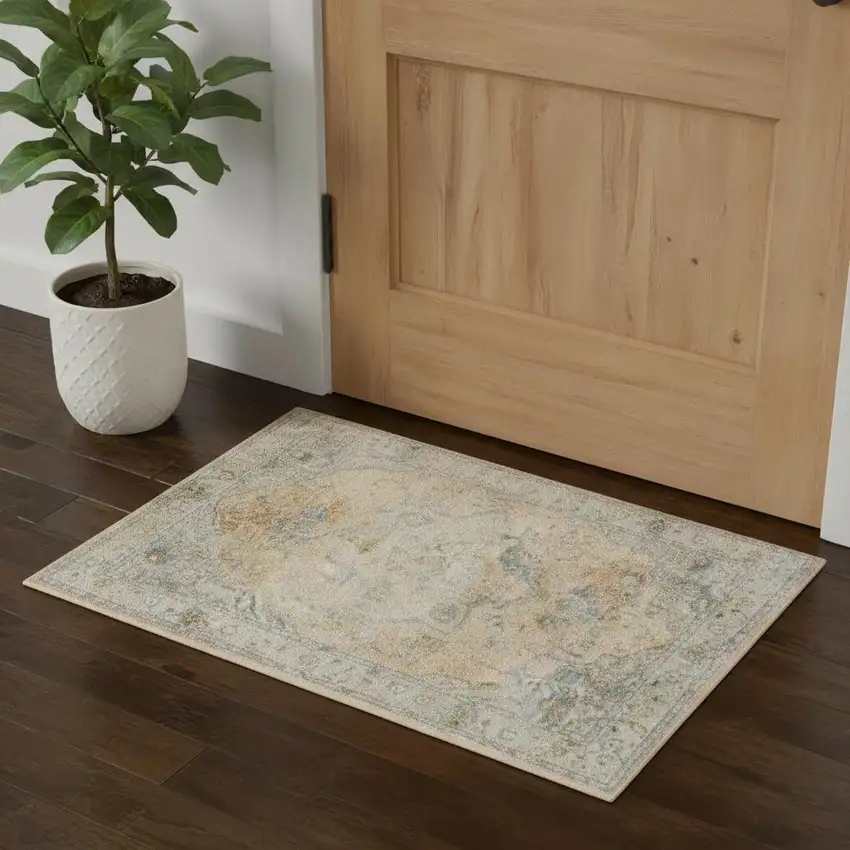 Beige And Blue Floral Medallion Washable Area Rug Photo 1