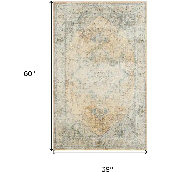 Beige And Blue Floral Medallion Washable Area Rug Photo 3