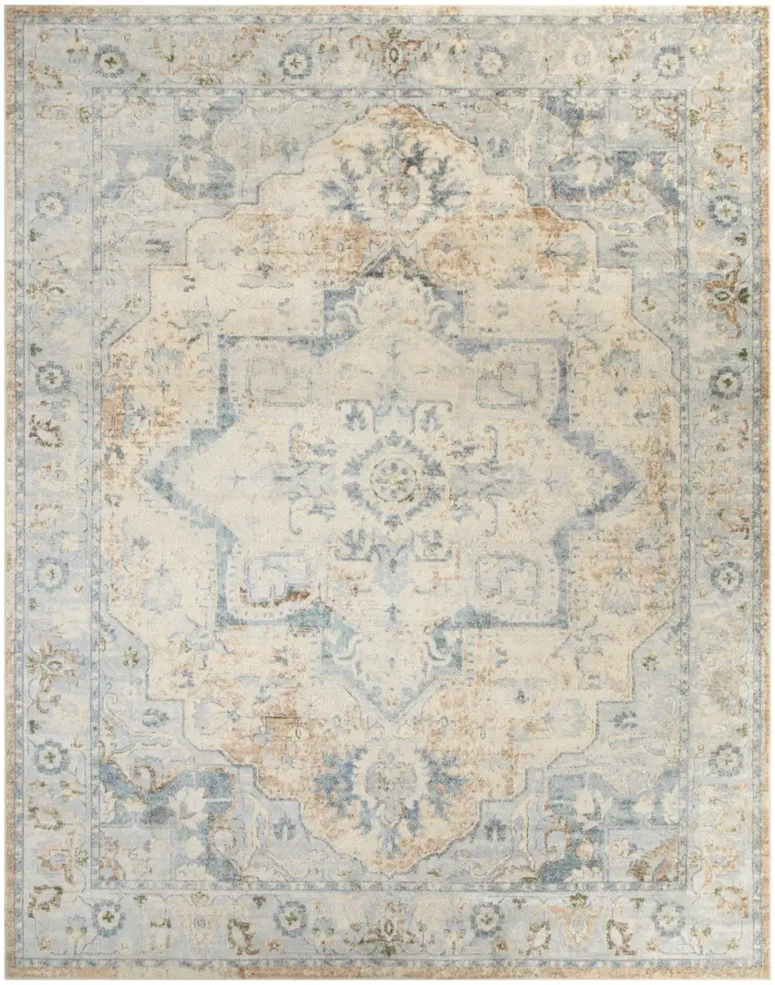 Beige And Blue Floral Medallion Washable Area Rug Photo 2