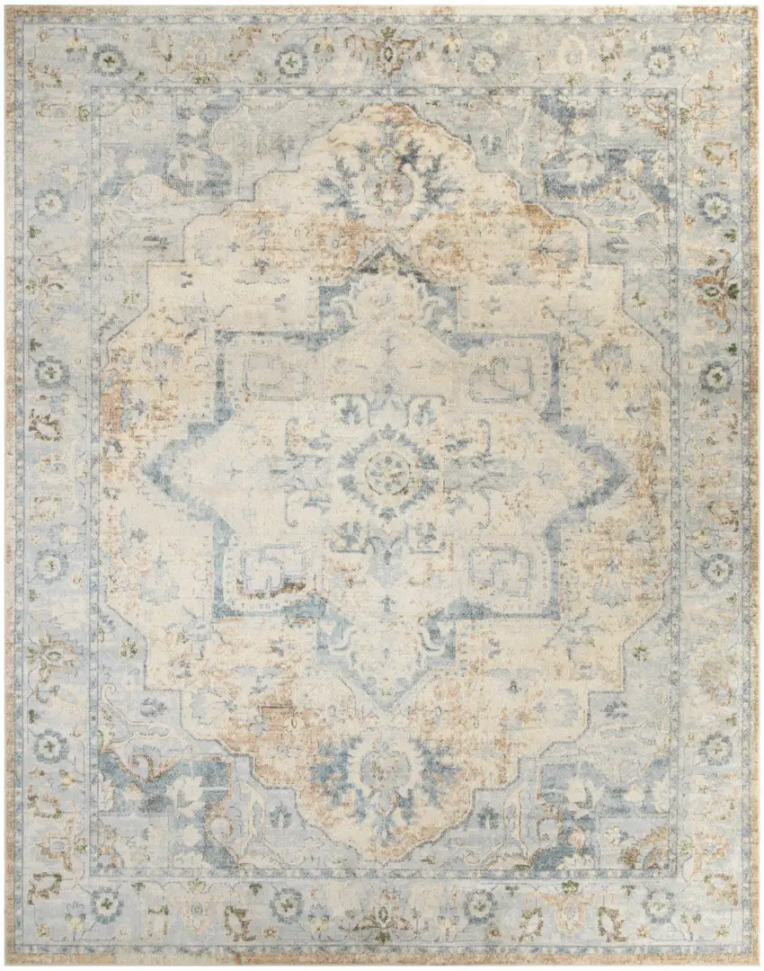 Beige And Blue Floral Medallion Washable Area Rug Photo 7