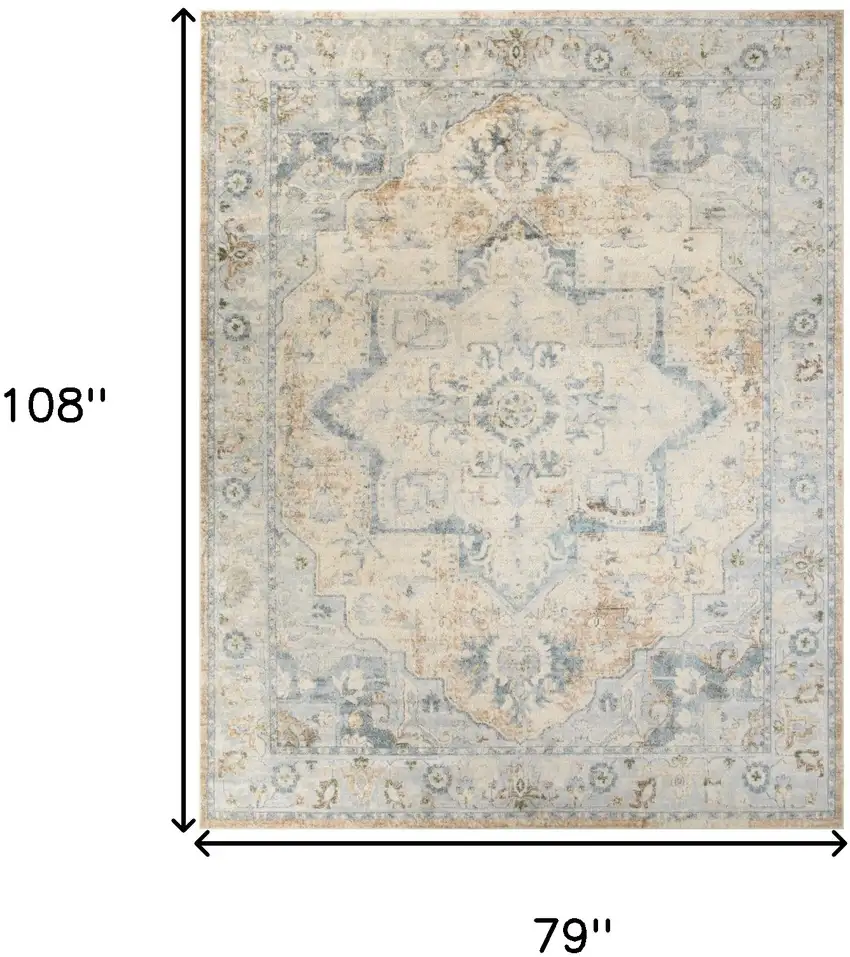 Beige And Blue Floral Medallion Washable Area Rug Photo 3