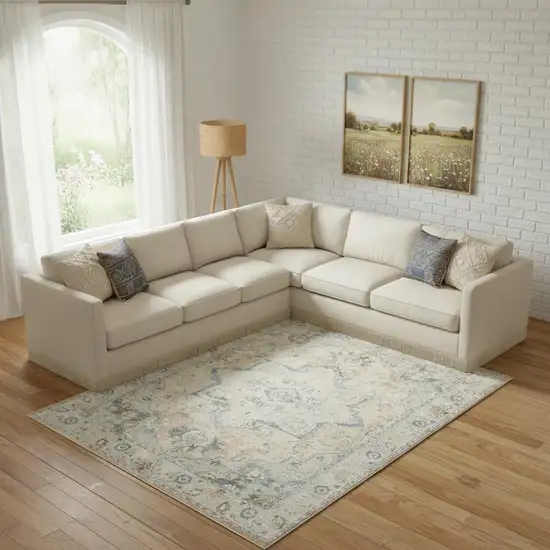 Beige And Blue Floral Medallion Washable Area Rug Photo 1