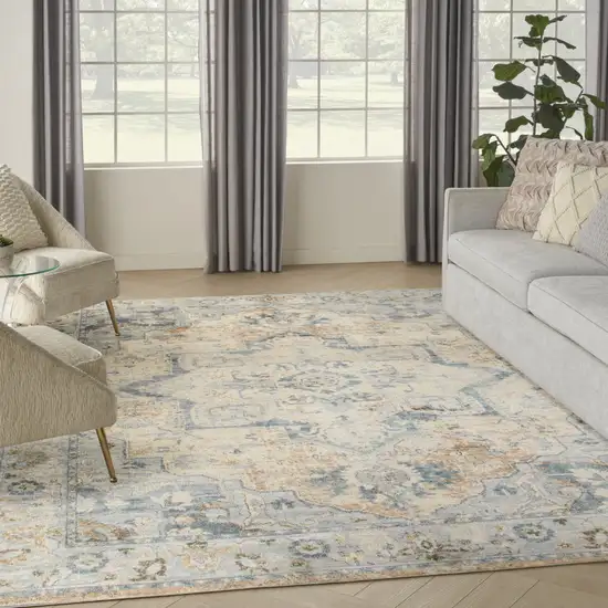 Beige And Blue Floral Medallion Washable Area Rug Photo 4