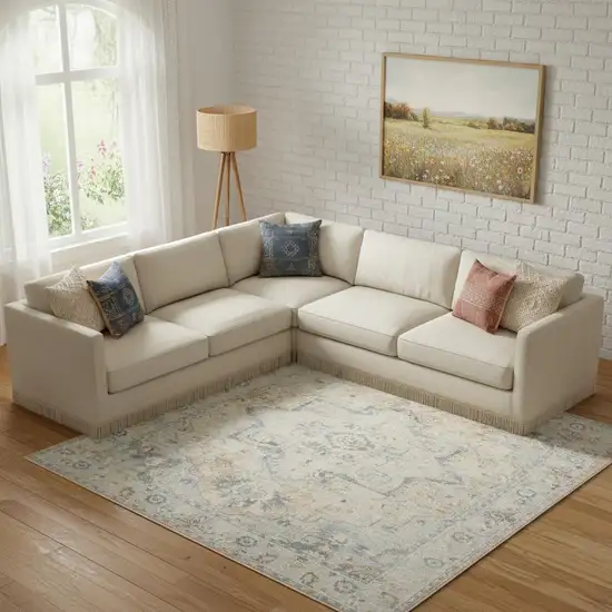 Beige And Blue Floral Medallion Washable Area Rug Photo 1