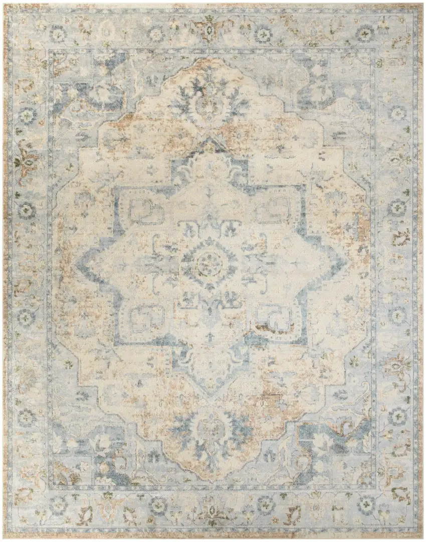 Beige And Blue Floral Medallion Washable Area Rug Photo 6