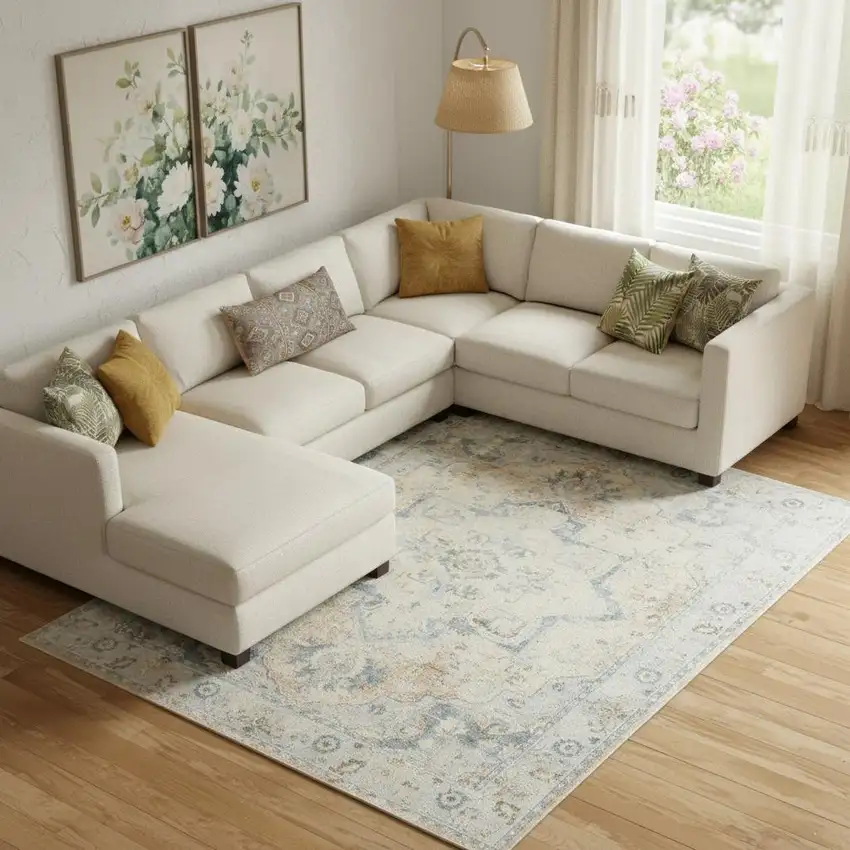 Beige And Blue Floral Medallion Washable Area Rug Photo 1