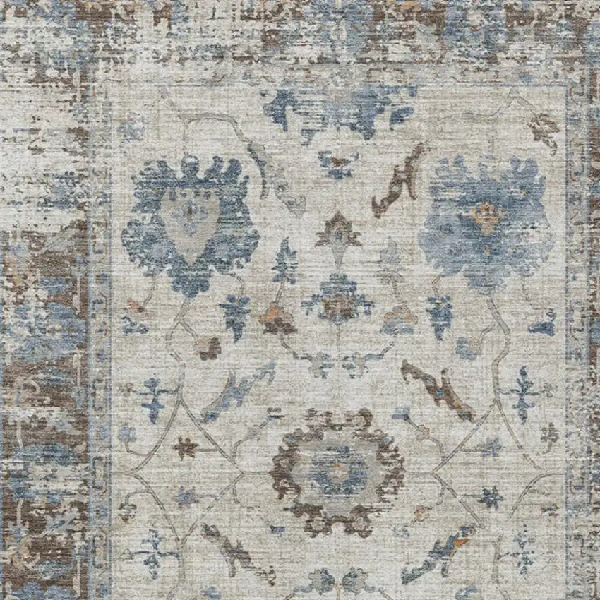 Beige And Blue Floral Washable Indoor Outdoor Area Rug Photo 4