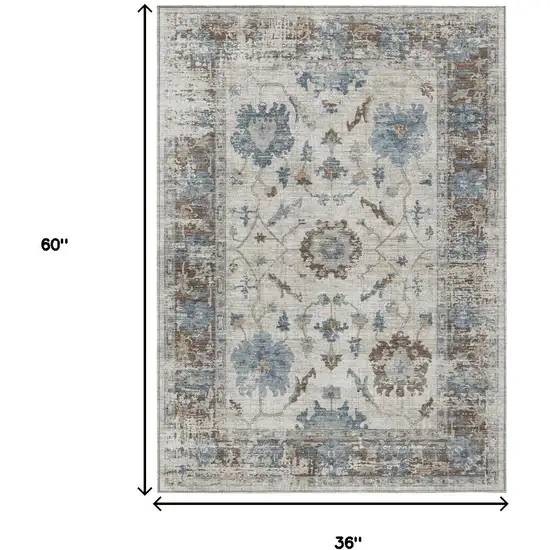 Beige And Blue Floral Washable Indoor Outdoor Area Rug Photo 9