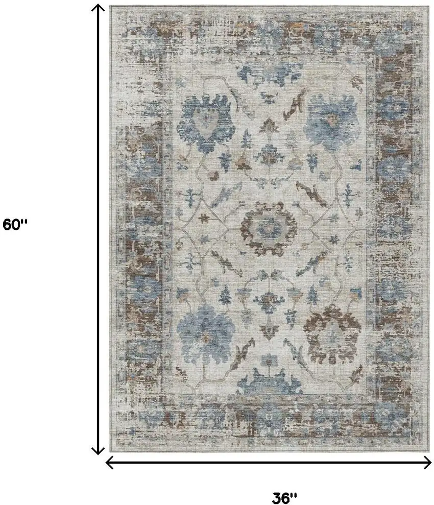 Beige And Blue Floral Washable Indoor Outdoor Area Rug Photo 9