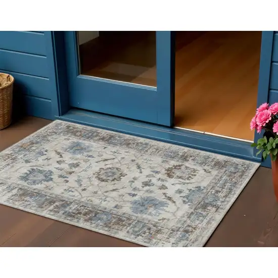 Beige And Blue Floral Washable Indoor Outdoor Area Rug Photo 2