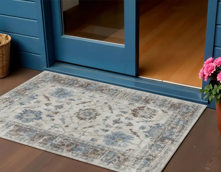 Beige And Blue Floral Washable Indoor Outdoor Area Rug Photo 2