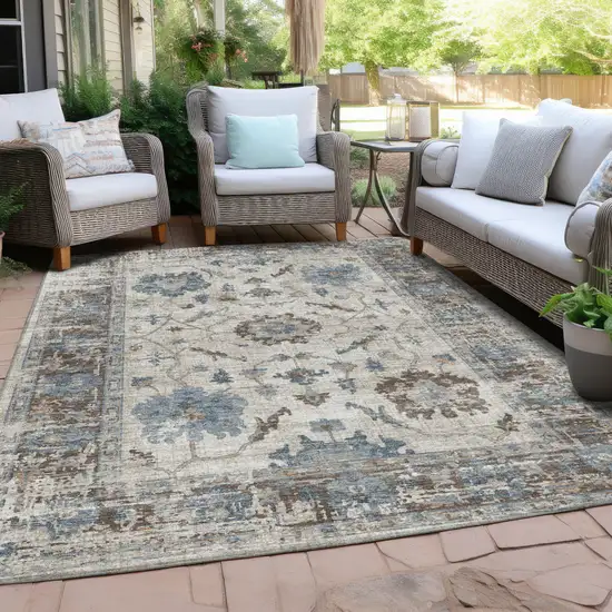 Beige And Blue Floral Washable Indoor Outdoor Area Rug Photo 5