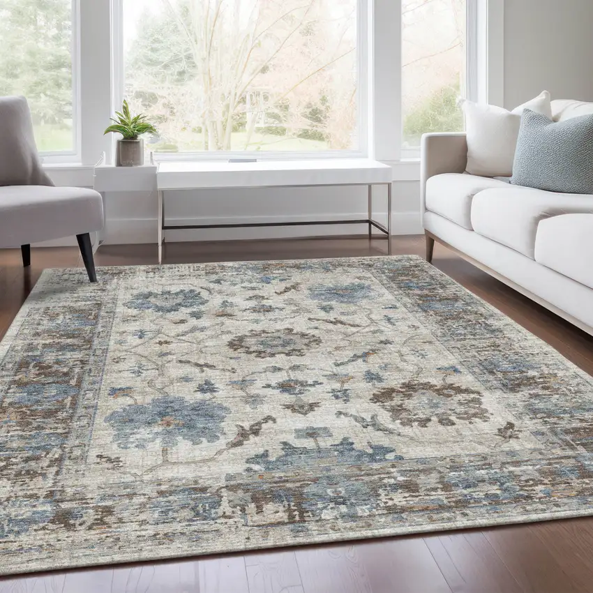 Beige And Blue Floral Washable Indoor Outdoor Area Rug Photo 7