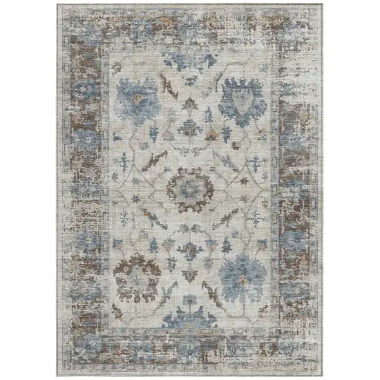Beige And Blue Floral Washable Indoor Outdoor Area Rug Photo 3