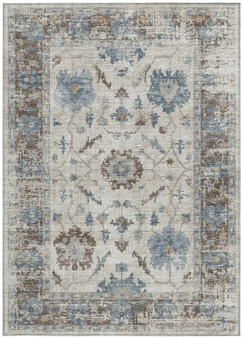 Beige And Blue Floral Washable Indoor Outdoor Area Rug Photo 3