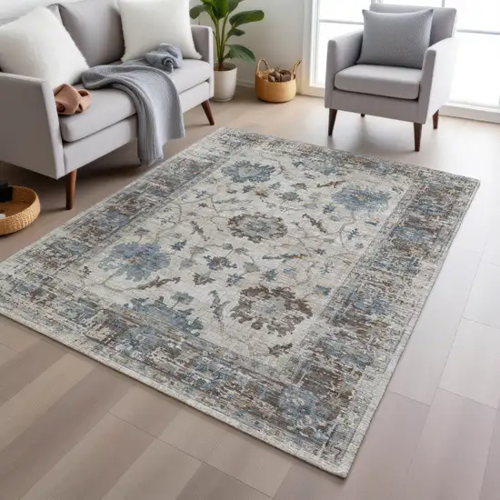 Beige And Blue Floral Washable Indoor Outdoor Area Rug Photo 6