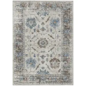 Photo of Beige And Blue Floral Washable Indoor Outdoor Area Rug