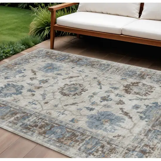 Beige And Blue Floral Washable Indoor Outdoor Area Rug Photo 1