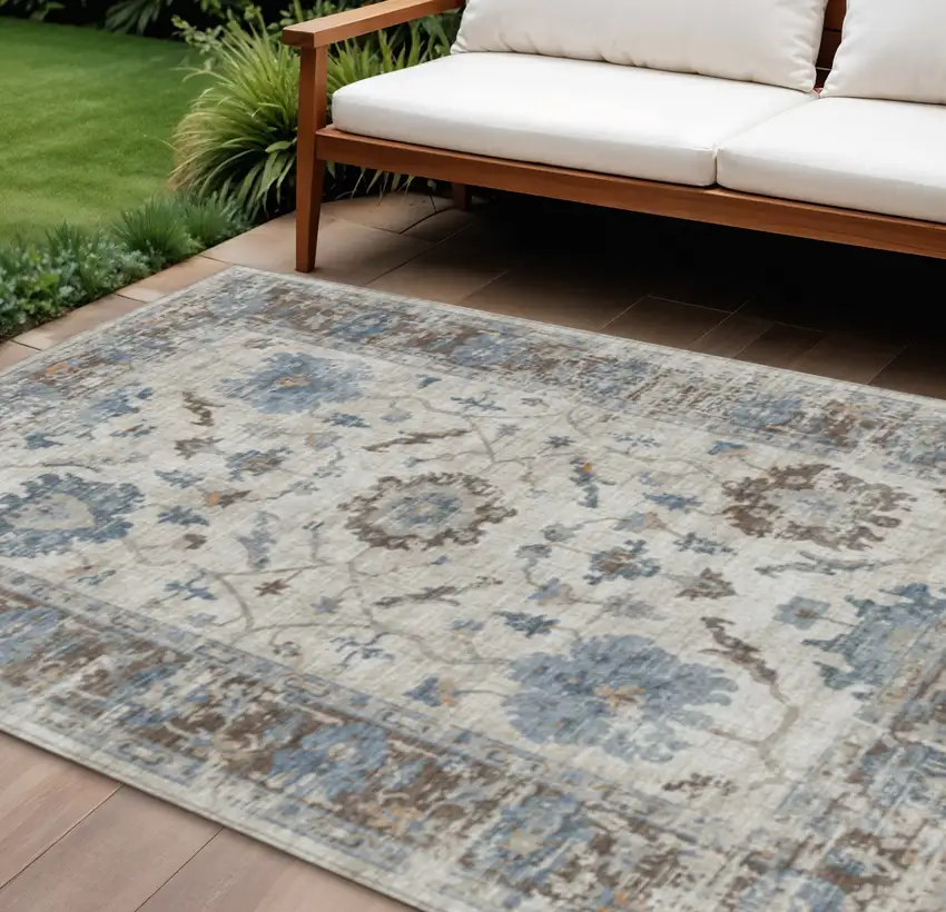 Beige And Blue Floral Washable Indoor Outdoor Area Rug Photo 1