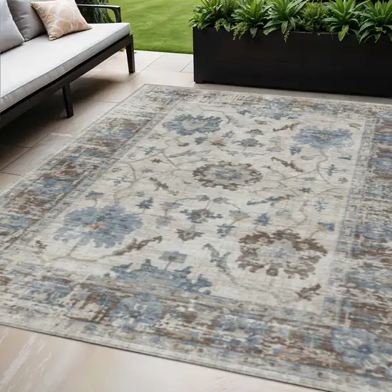 Beige And Blue Floral Washable Indoor Outdoor Area Rug Photo 2